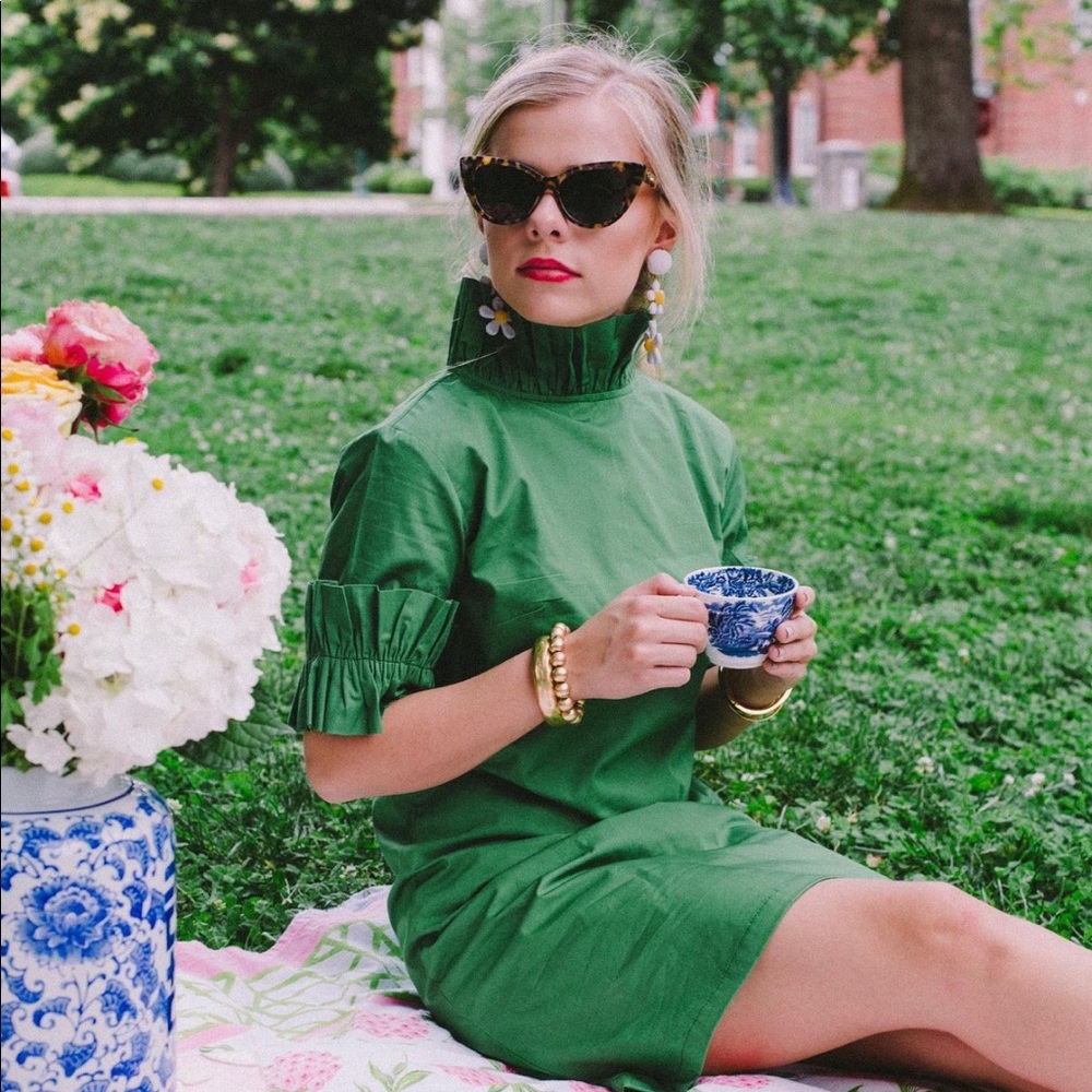 Green Ruffle Sleeve High-Neck Dress